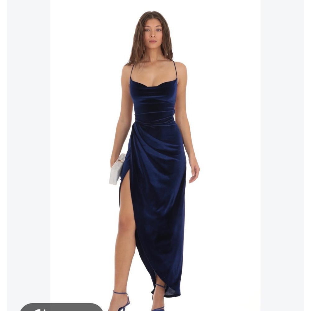 Lucy in the Sky Navy Blue Velvet Asymmetrical Maxi Dress Side Slit Open Back Sm.